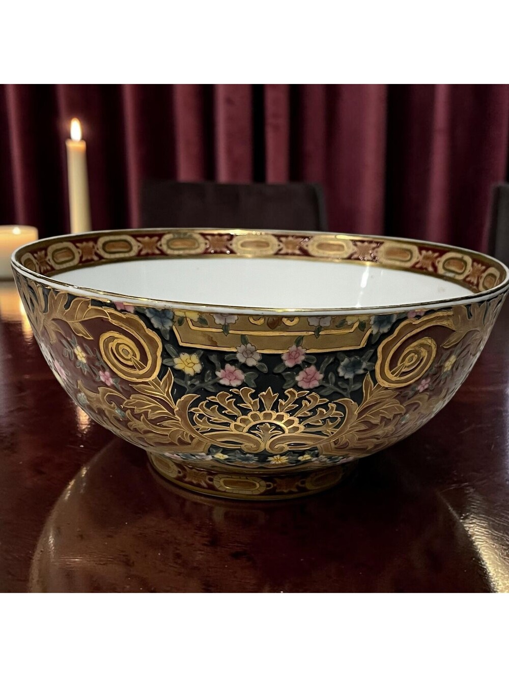 Vintage Oriental Accent Chinese Porcelain Bowl Gold Moriage Floral 9.75” Decor